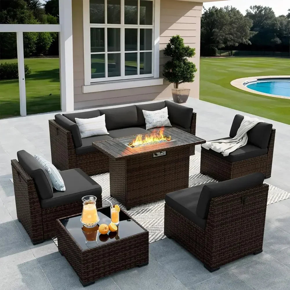 8-Piece Outdoor Patio Furniture Set with 44 Fire Pit Table, Rattan Sectional, Coffee Table, Waterproof Covers, Gray