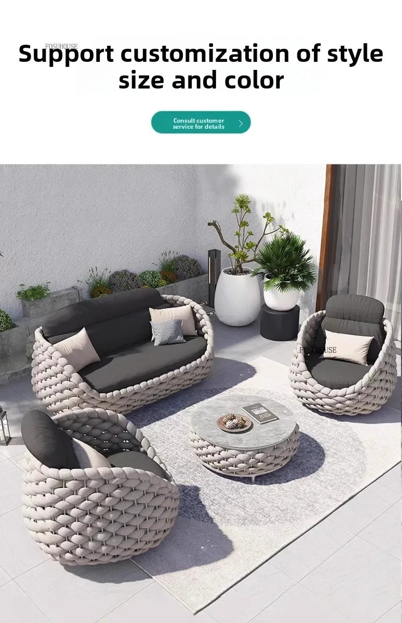 Aluminum Alloy Sofa Set Outdoor Modern Villa Courtyard Rope Weaving Garden Patio Furniture Weather Resistant Nordic Design