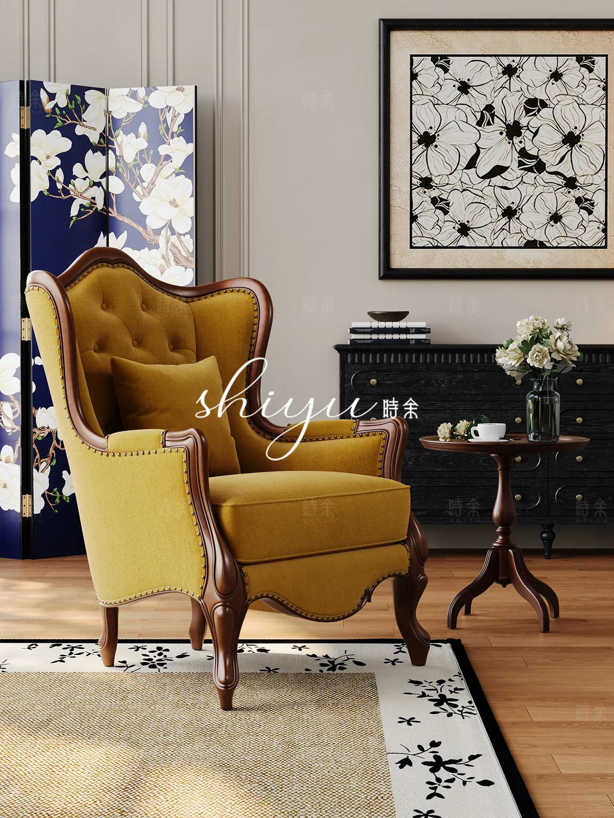 PYH retro fabric American leisure chair French antique tiger chair high-end solid wood fabric sofa