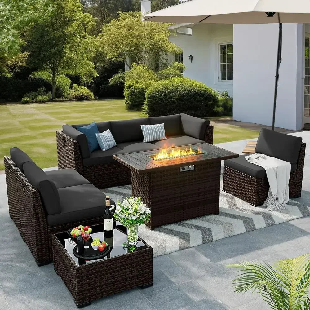 8-Piece Outdoor Patio Furniture Set with 44 Fire Pit Table, Rattan Sectional, Coffee Table, Waterproof Covers, Gray