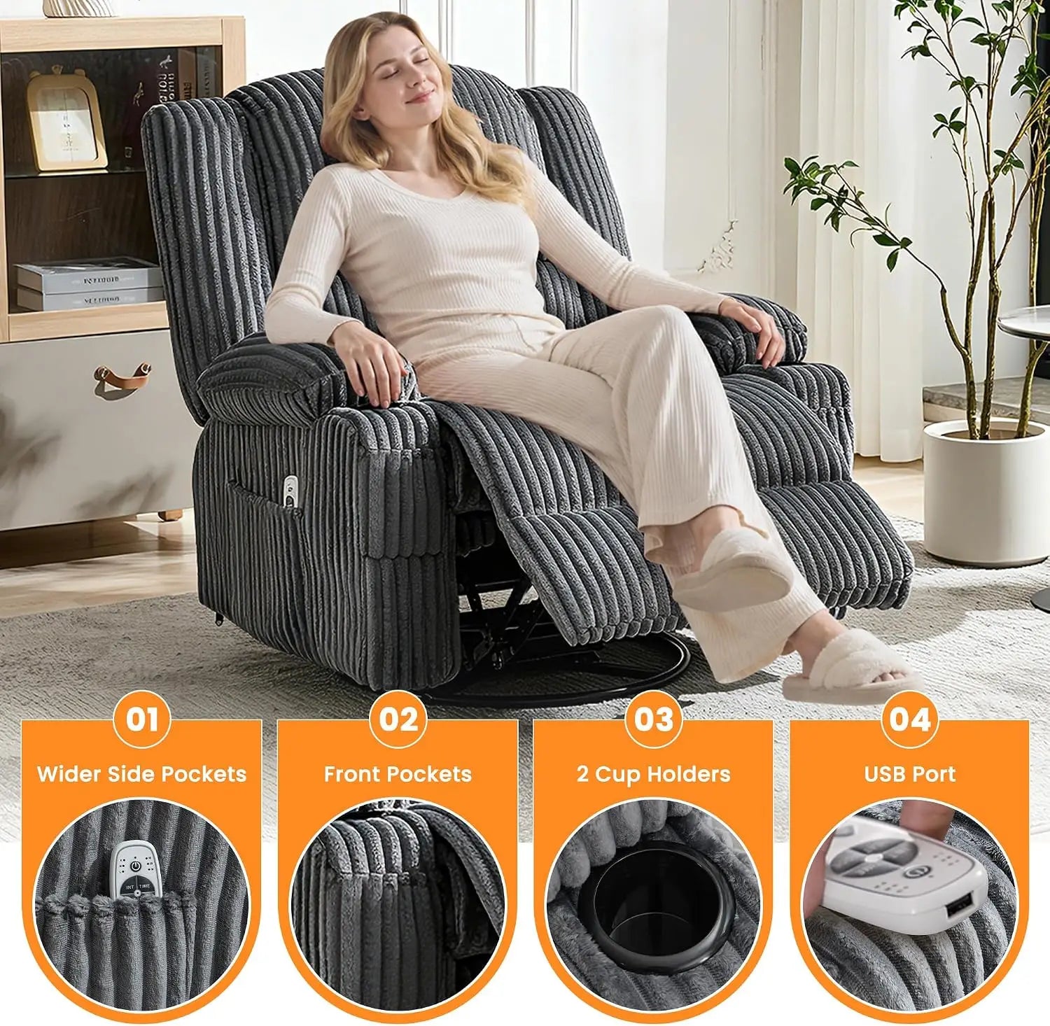 Oversized Corduroy Recliner Chair with Massage and Heat, 360° Swivel Rocker | Corduroy recliner with USB charging, cup holders a