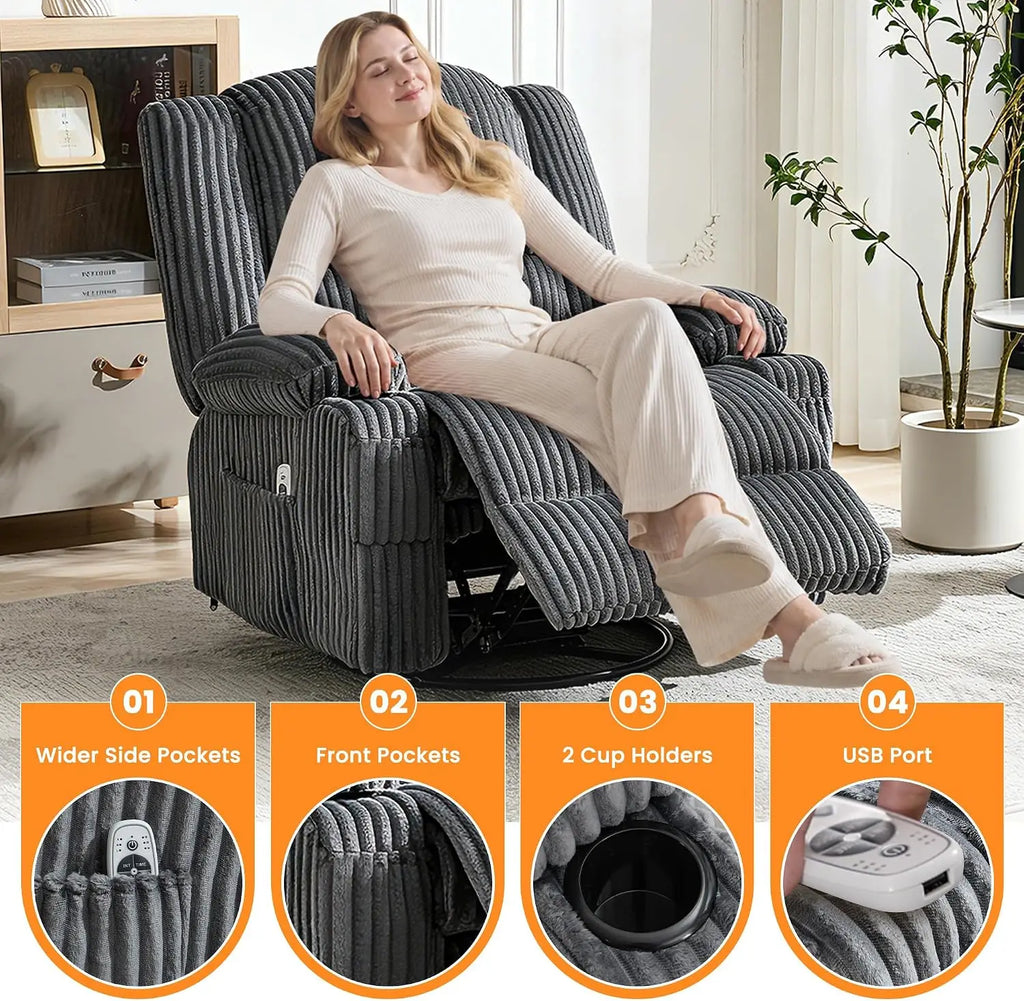 Oversized Corduroy Recliner Chair with Massage and Heat, 360° Swivel Rocker | Corduroy recliner with USB charging, cup holders a