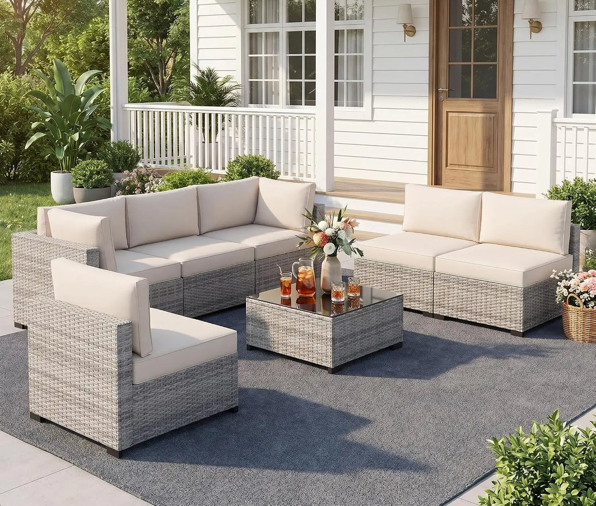7 Piece Wicker Rattan Patio Conversation Set, Outdoor Sectional Sofa, Custom