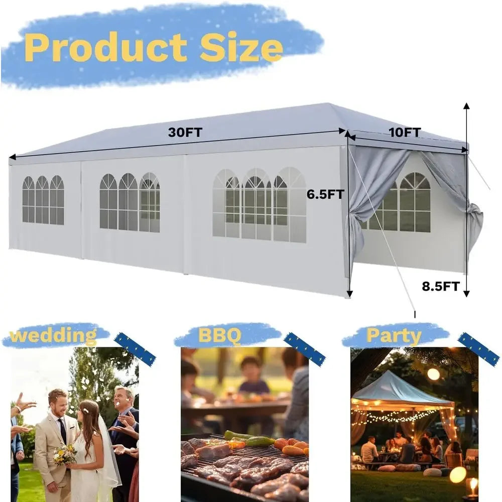 Large 10x30 Outdoor Waterproof Party Tent with Removable Sides & Doors for Weddings and Events (White)