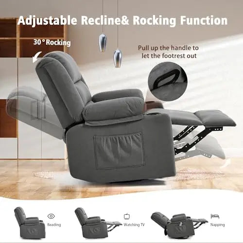 Swivel Rocker Recliner Chair for Adults with Massage and Heat, Cup Holders and Side Pockets, Glider Rocking Reclining