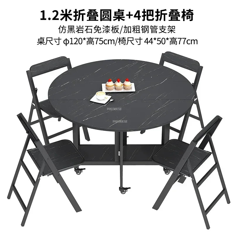 Home Folding Dining Table Set with Chairs Mobile Round Furniture Modern Kitchen Living Room Light Luxury Simple Portable