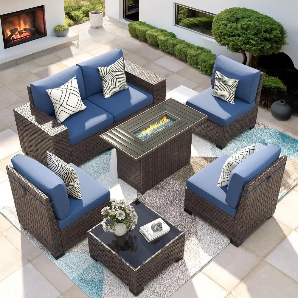 Piece Patio Furniture Set with Fire Pit Table, Outdoor Conversation Sets Wicker Rattan Sectional Sofa with Coffee Table for Pat