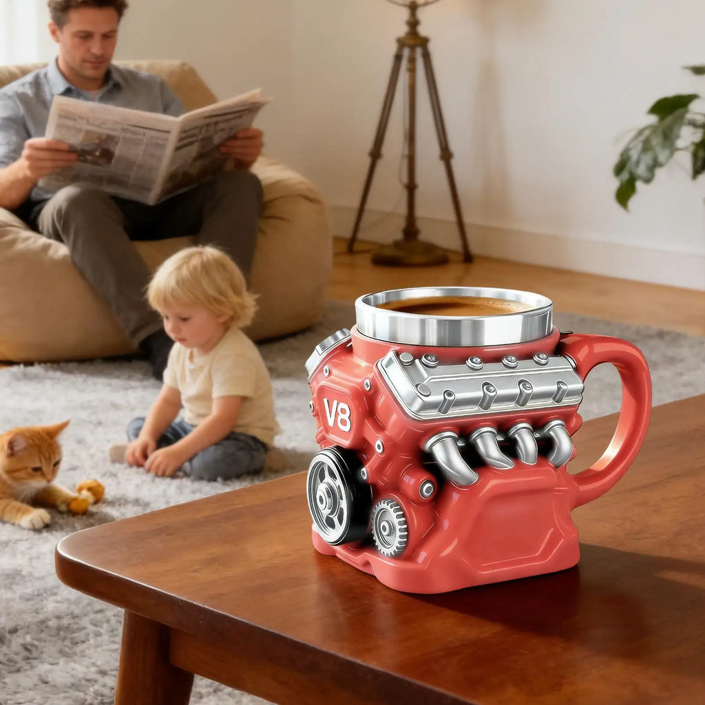 V8 Engines Stainless Steel Coffee Mug Funny V8 Car Engine Design Mug Coffee Cup Cocktail Mug Tea Cup For Car Enthusiasts