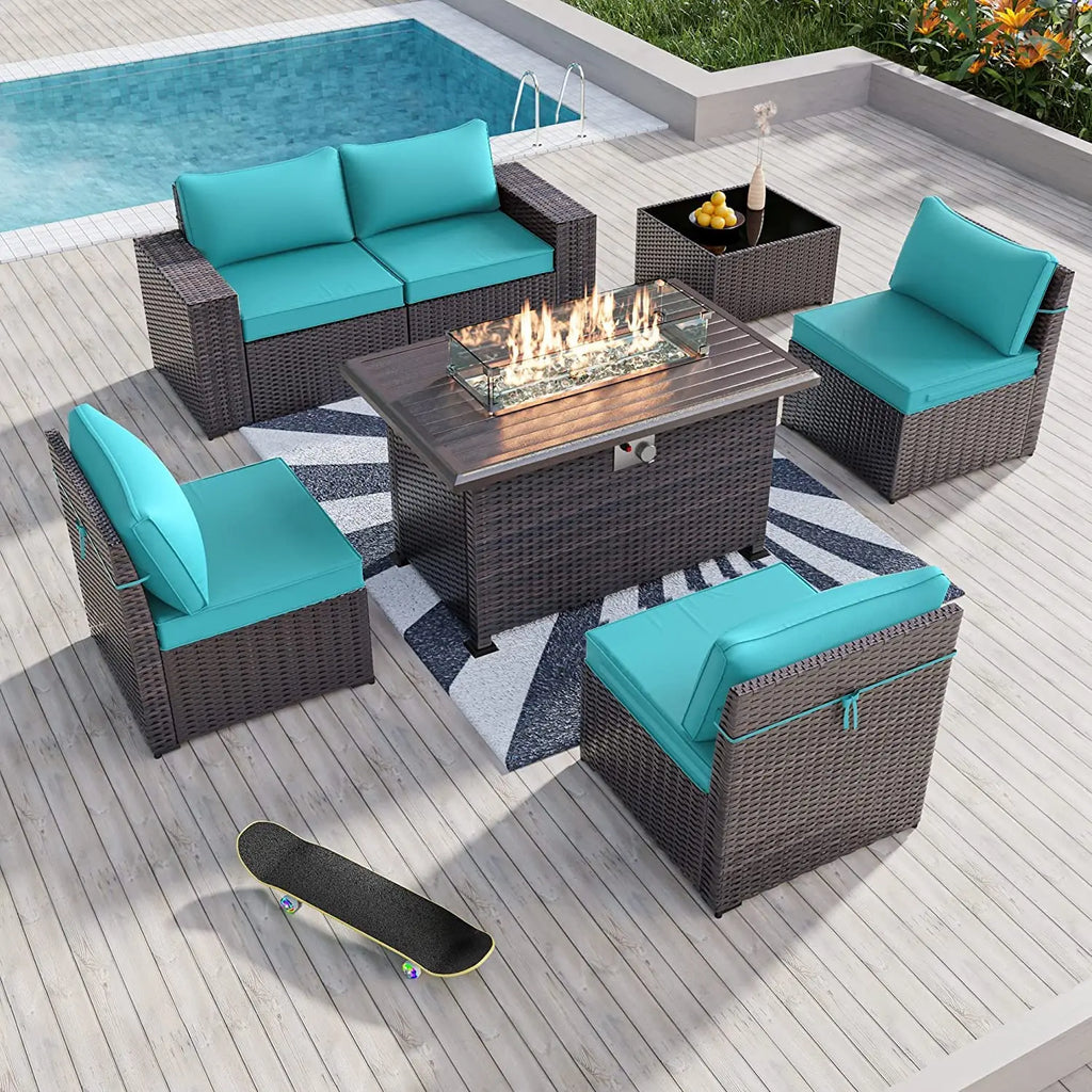 7-Piece Wicker Patio Furniture Set with Fire Pit Table, Outdoor Sectional Sofa, Customized
