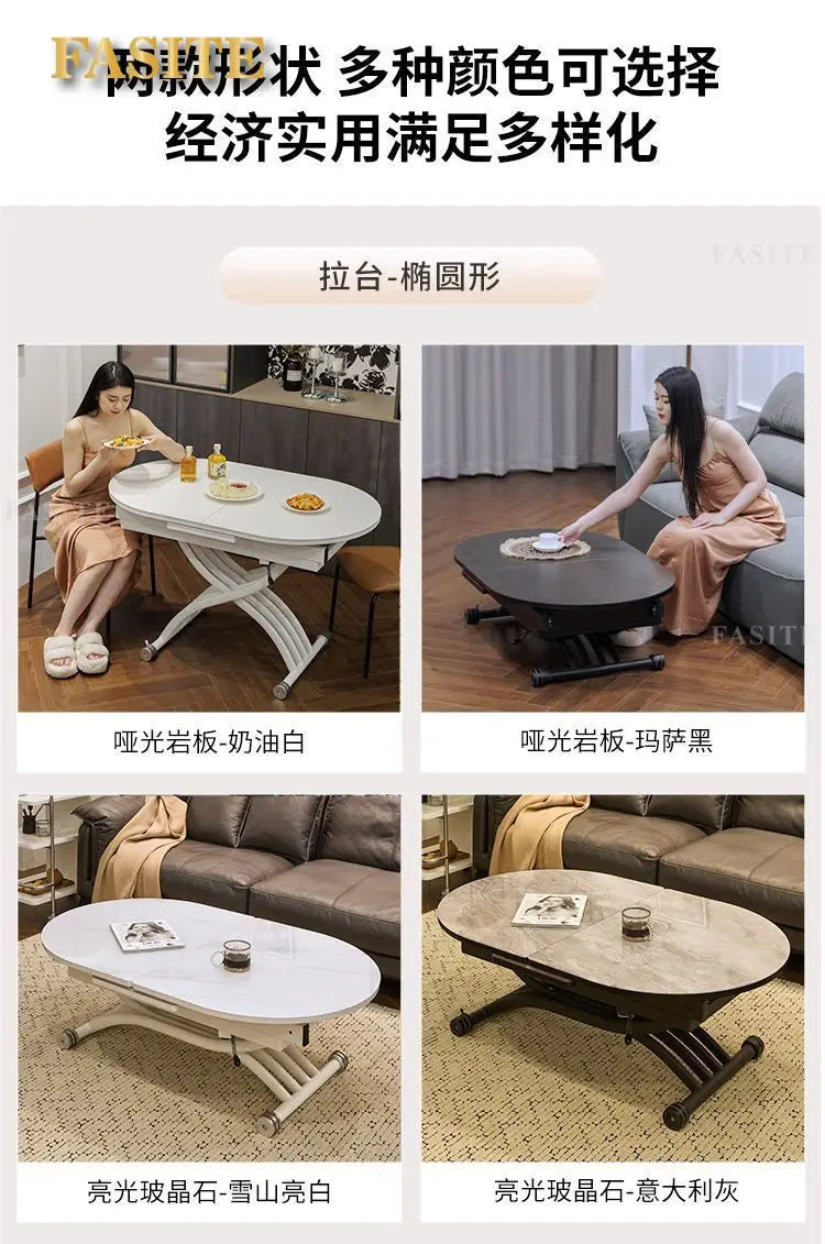 Black light luxury rock slab lifting coffee table dining  dual-purpose retractable mobile dining