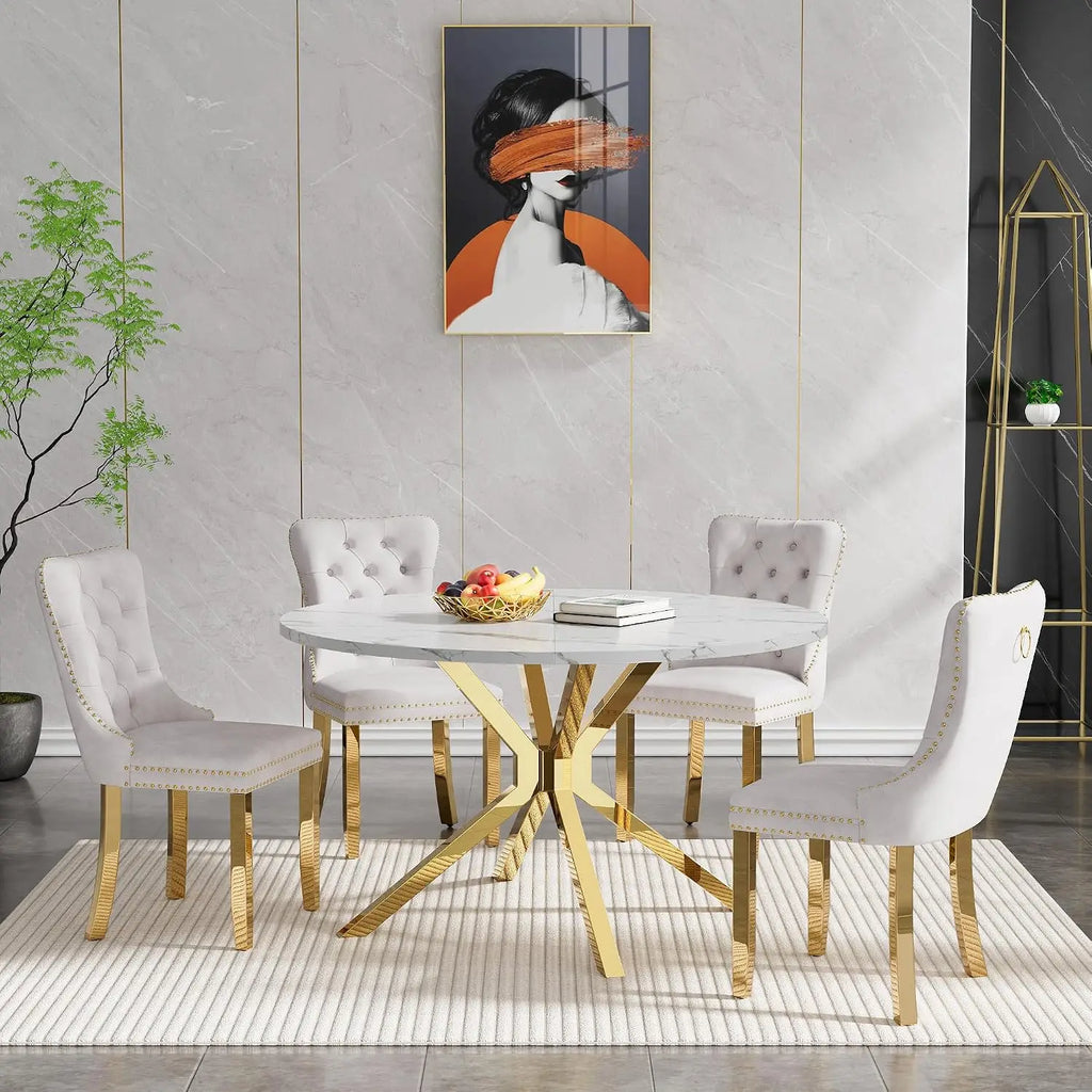 4-Seat Round Dining Table Set, 47" White Faux Marble Table with 4 Beige Velvet Tufted Chairs, Gold Stainless Steel, Customized