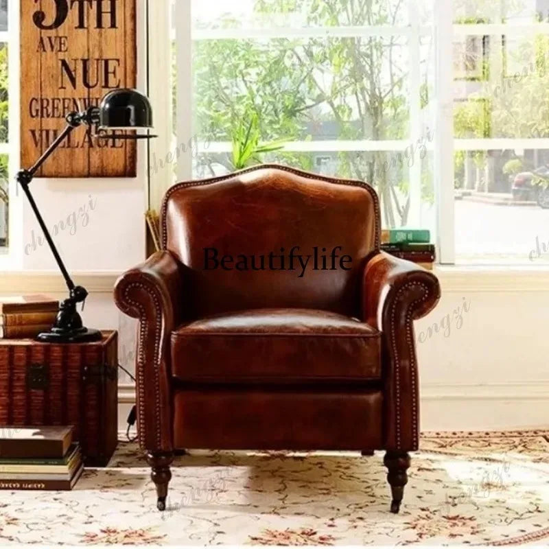 F181 American retro leather art sofa single leather office study boss chair living room sofa