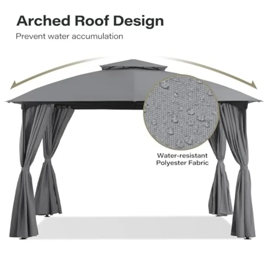 10'x10' Patio Arc Gazebo, Outdoor Canopy Tent with Curved Roof Design, Double Tier Top, Privacy Curtains and Wind-Resistant Rop