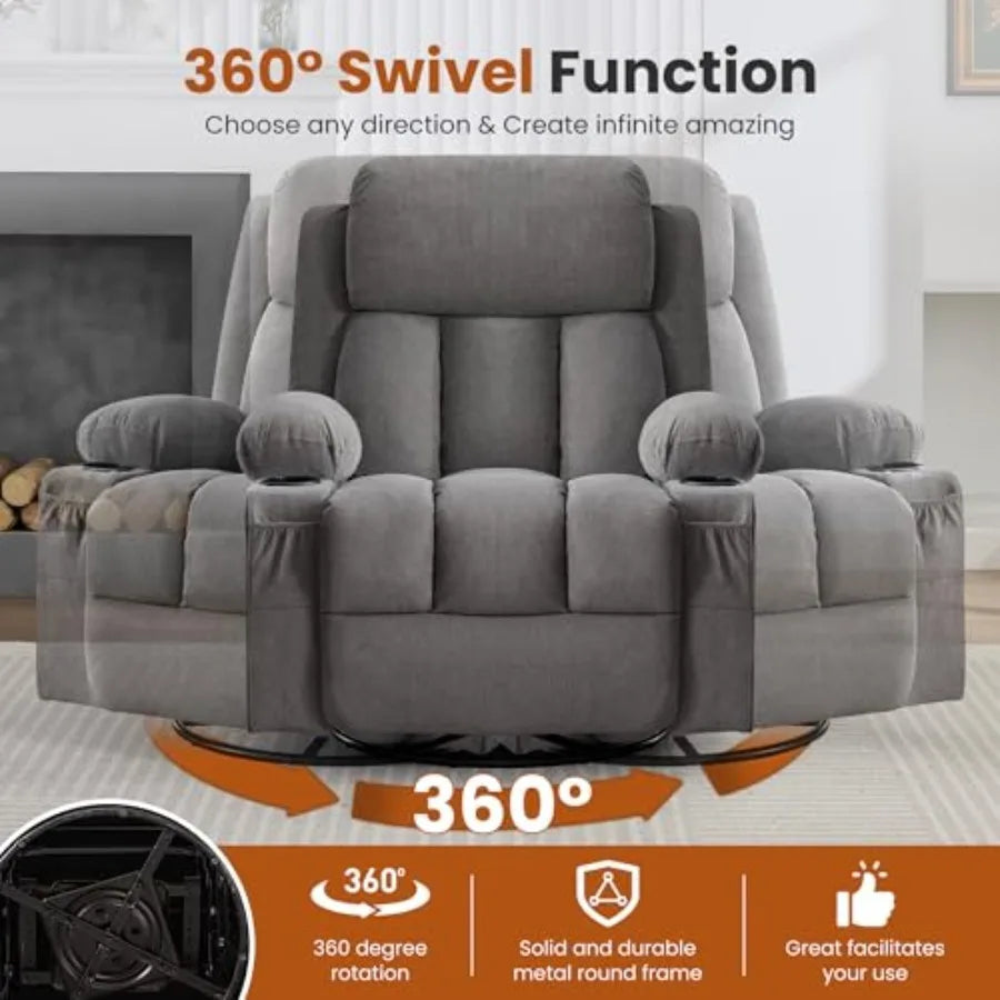 Swivel Rocker Recliner Chair with Vibration Massage and Heat for Living Room, with Rocking Function and Side Pocket, USB Charge