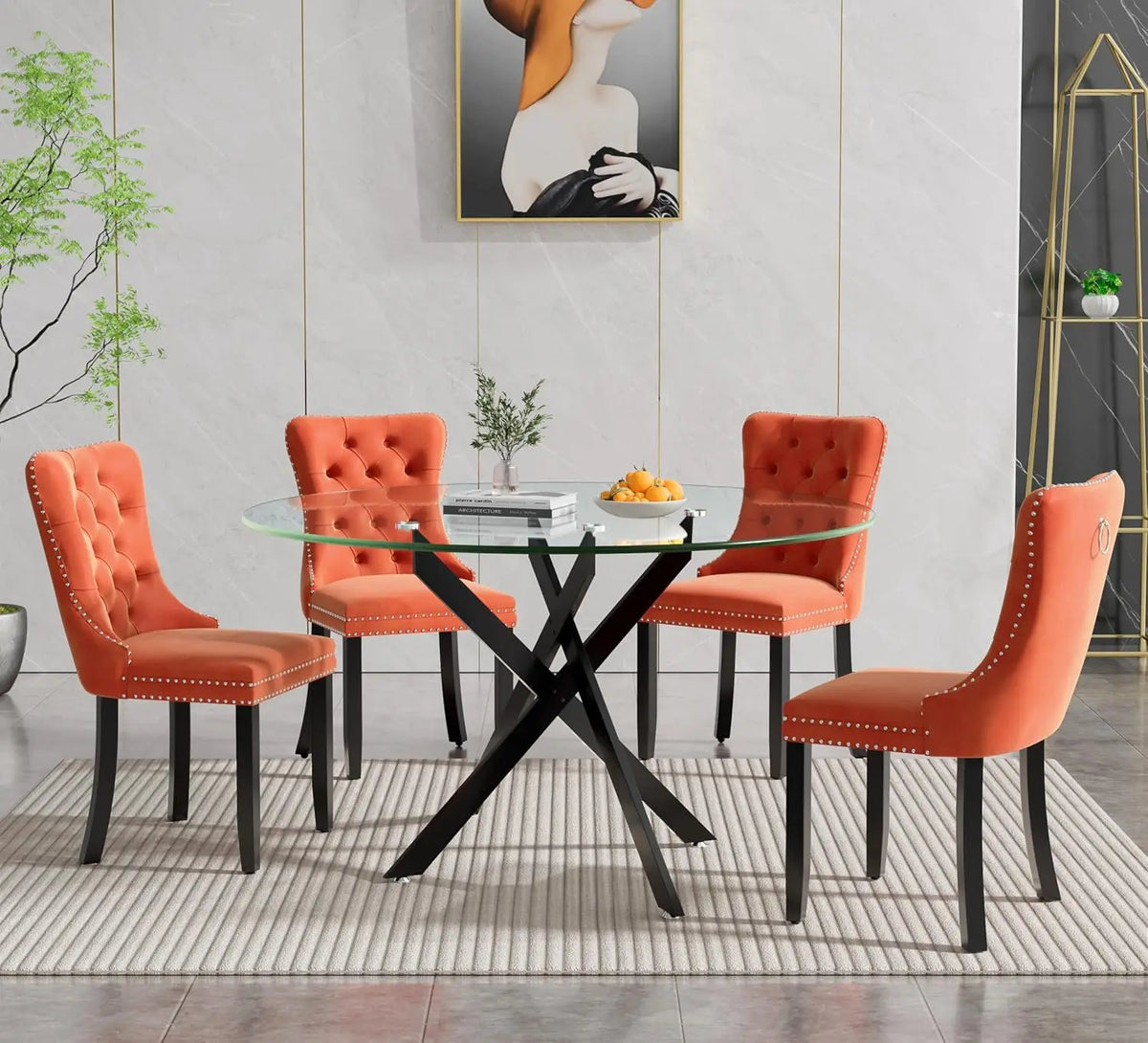 5-Piece Round Glass Dining Table Set for 4, 47.2" Circle Table with 4 Tufted Chairs for Kitchen Home Office, Customized