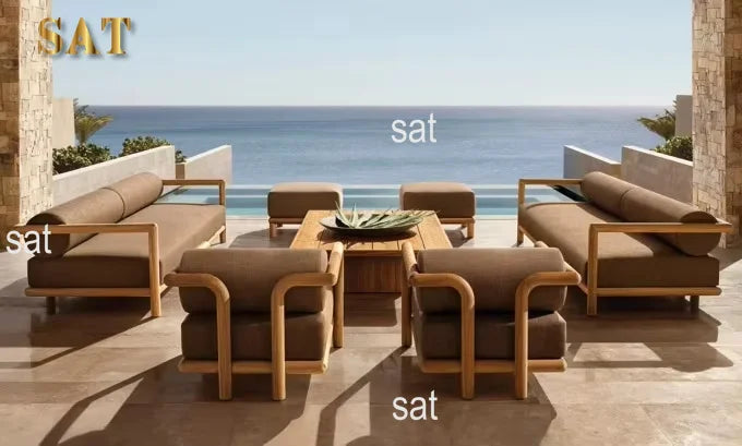 #New Design Round Leg Teak Wood Eco-Friendly Outdoor Sofa and Chairs Set with Thick Cushions for Garden/Courtyard/Park