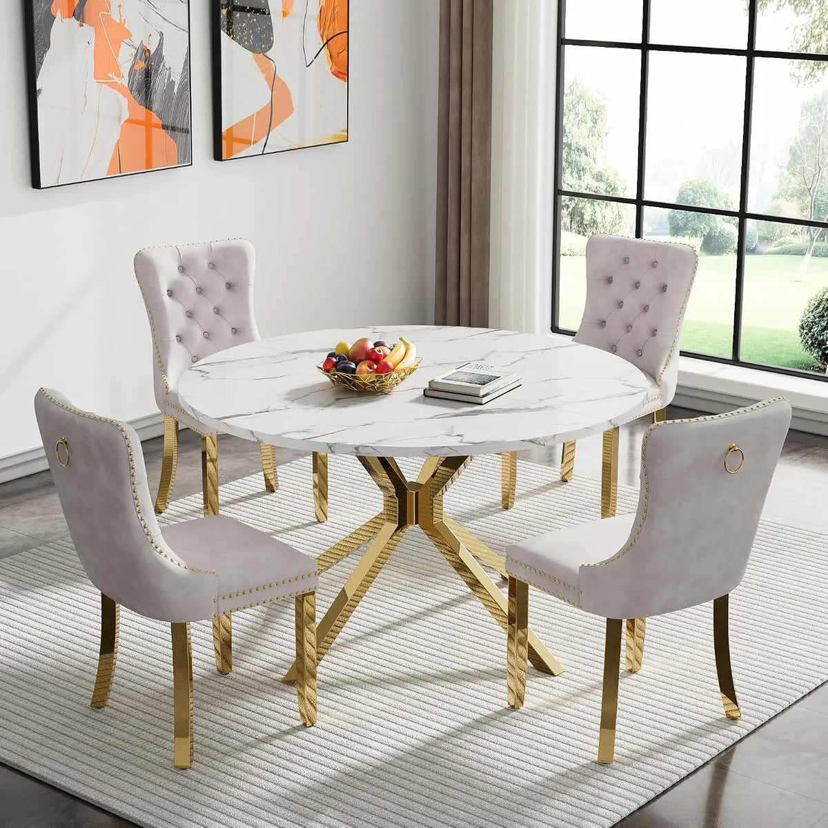 4-Seat Round Dining Table Set, 47" White Faux Marble Table with 4 Beige Velvet Tufted Chairs, Gold Stainless Steel, Customized