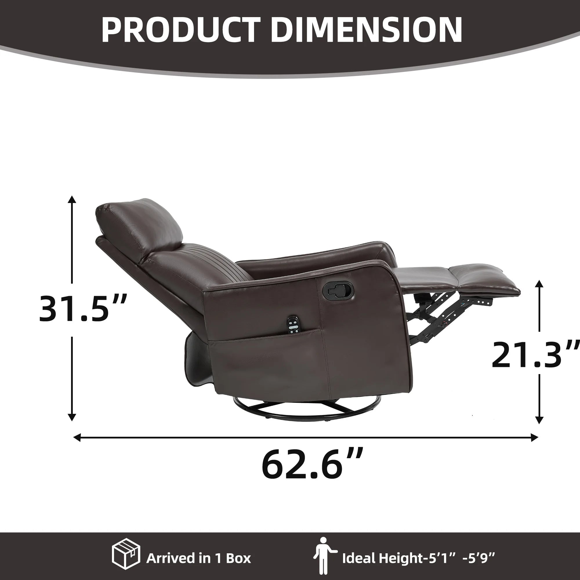 Manual Recliner Chair with Heat & Massage, Brown Faux Leather Rocker Swivel Accent Chair for Living Room