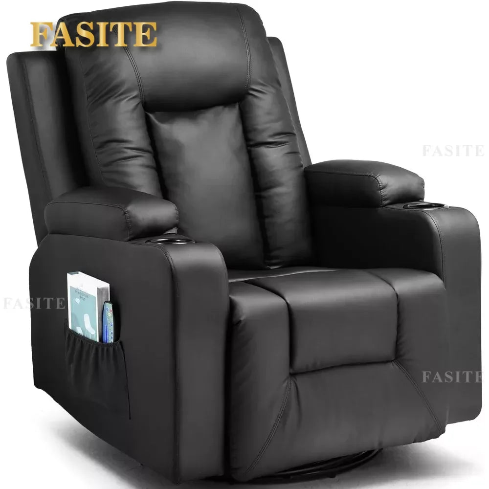 Leather Recliner Chair Modern Rocker with Heated Massage Ergonomic Lounge 360 Degree Swivel Single Sofa Seat with Drink Holders