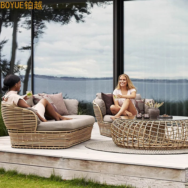 Outdoor faux rattan woven sofa combination, courtyard garden, waterproof and sunproof outdoor balcony lounge bed rattan chair fu