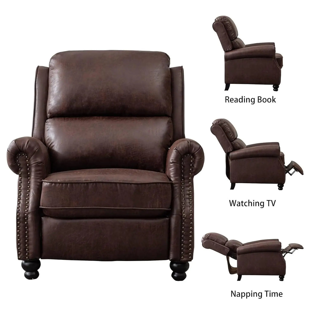 Faux Leather Recliner Armchair with Rivet Decoration Single Sofa Accent Chair for Living Room, Reddish Brown, Customized