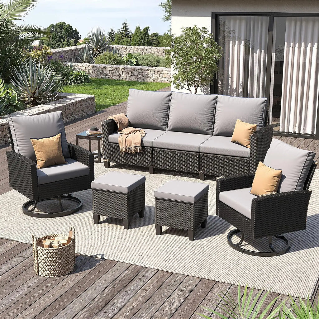 Outdoor Patio Furniture Set with Swivel Chairs 7 Pcs Black/Yellow | Outdoor Conversation Sets, Ottomans and Coffee, Customized