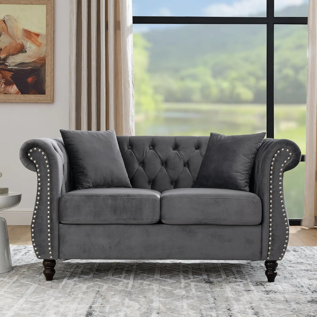 59" Chesterfield Loveseat Velvet Tufted Sofa with Rolled Arms & Nailhead for Living Room Bedroom Office, Grey, Customized