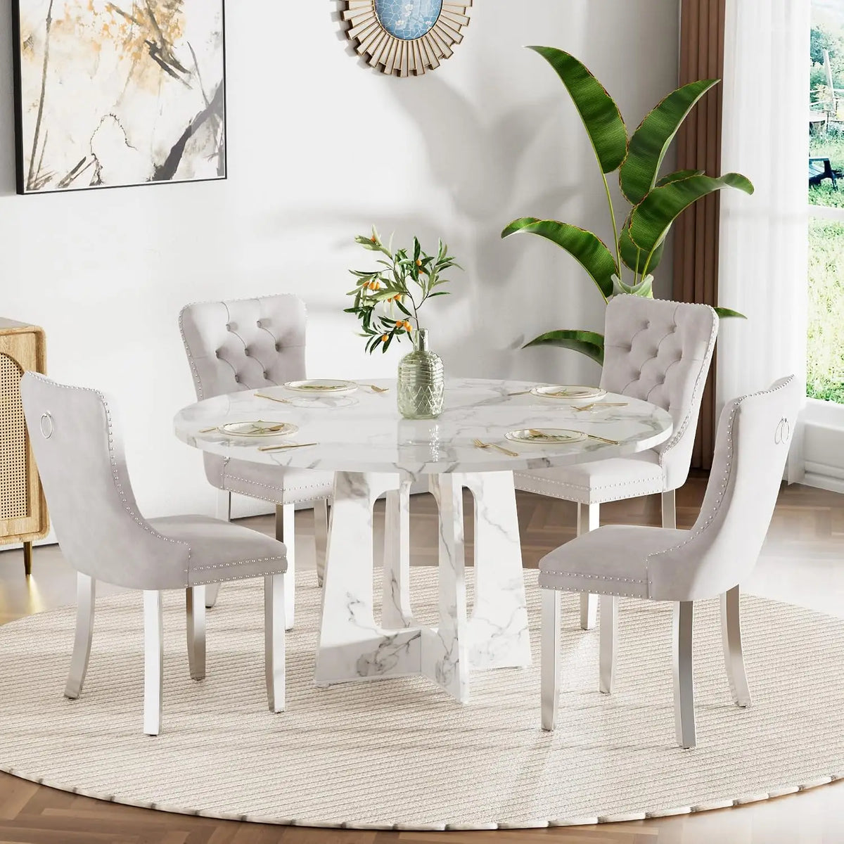 47" Round Farmhouse Dining Table Set, White Faux Marble with 4 Blue Velvet Chairs, Wooden Kitchen & Dining Furniture, Customized
