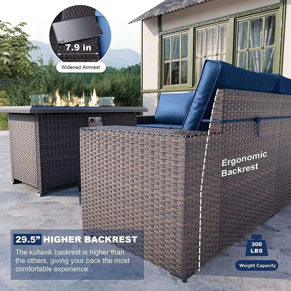 7 Piece Outdoor Wicker Patio Furniture Set with Fire Pit Table, Customized
