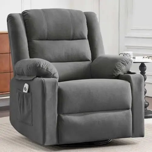 Swivel Rocker Recliner Chair for Adults with Massage and Heat, Cup Holders and Side Pockets, Glider Rocking Reclining