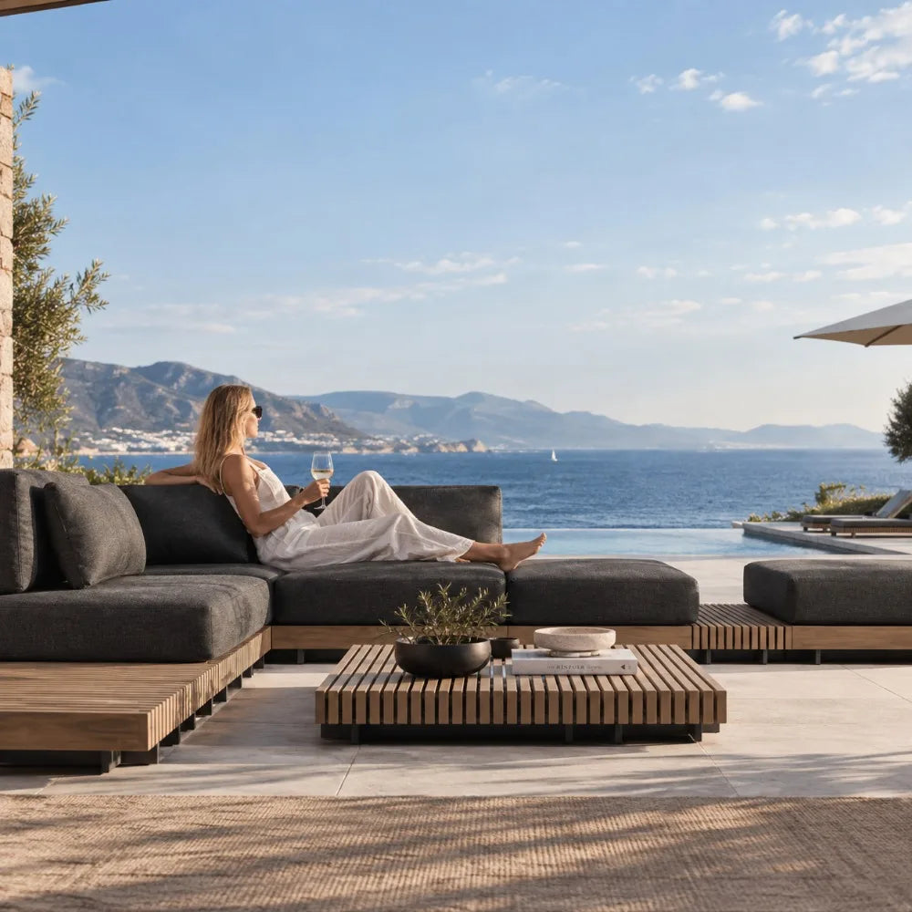 Nordic Solid Wood Outdoor Sofa Set, Luxury Waterproof Sunproof Patio Furniture, Balcony and Garden Leisure Recliner for Villa