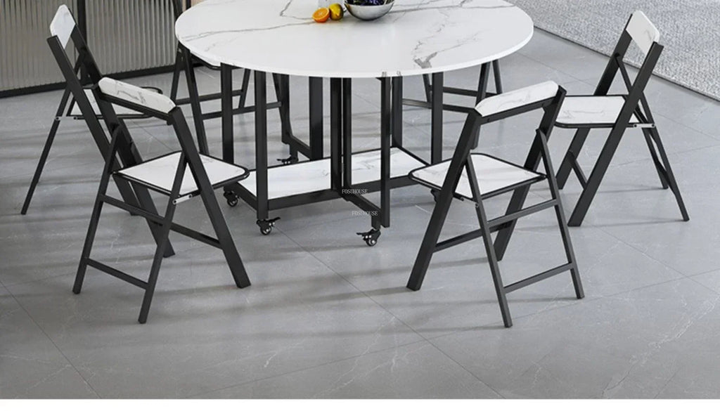 Home Folding Dining Table Set with Chairs Mobile Round Furniture Modern Kitchen Living Room Light Luxury Simple Portable