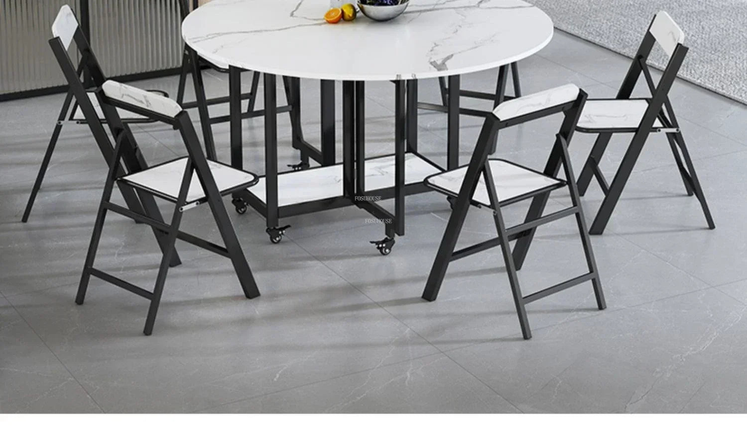 Home Folding Dining Table Set with Chairs Mobile Round Furniture Modern Kitchen Living Room Light Luxury Simple Portable