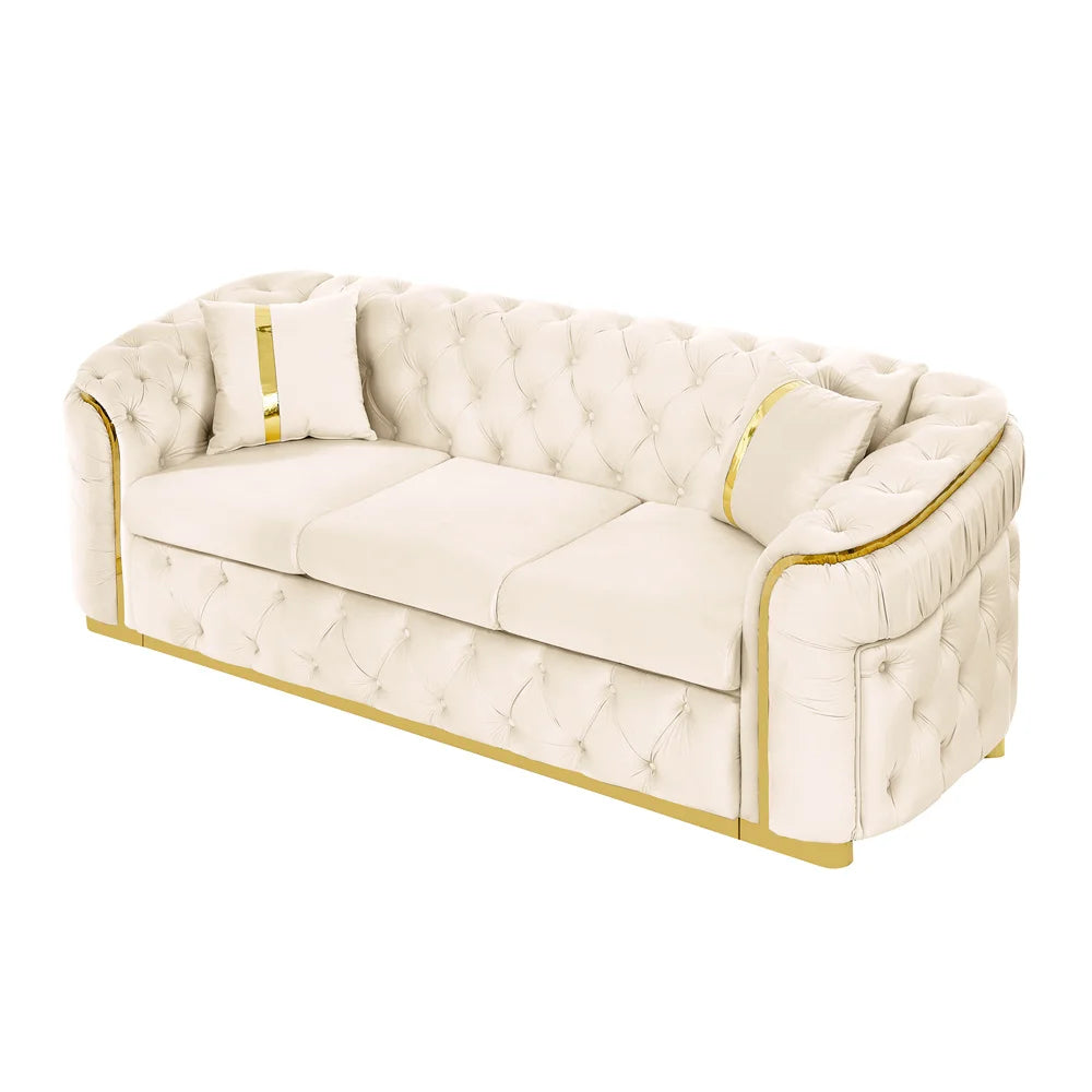 #￥Custom Velvet Button Tufted Sofa Couch with 2 Pillows 3 Seater Luxury Chesterfield Sofa Set with Gold Stainless Steel Accents