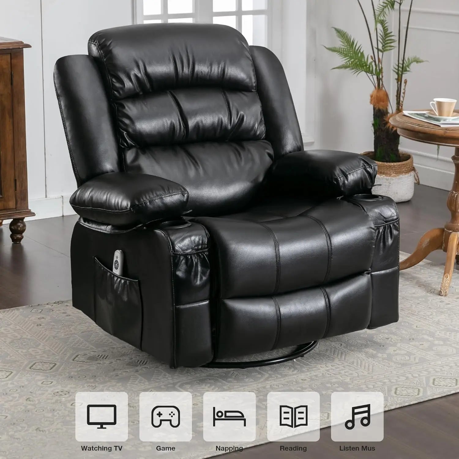 Oversized Massage Swivel Recliner Chair with Lumbar Heating  Rocker Recliner Single Sofa