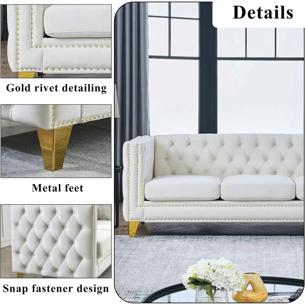 2 Piece Chesterield Velvet Combination Soa Set or Living Room,3-Seater and Loveseat Soa Set Tuted Couch with 4 Pillows,Rolled Ar
