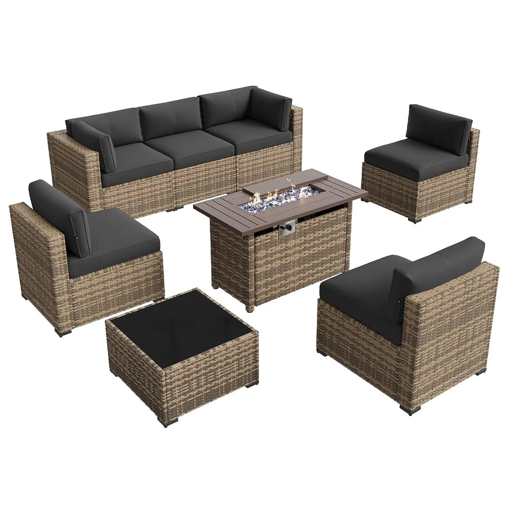 8-Piece Wicker Patio Furniture Set with 44" Propane Gas Fire Pit Table, Sectional Sofa for Backyard Poolside Garden, Customized