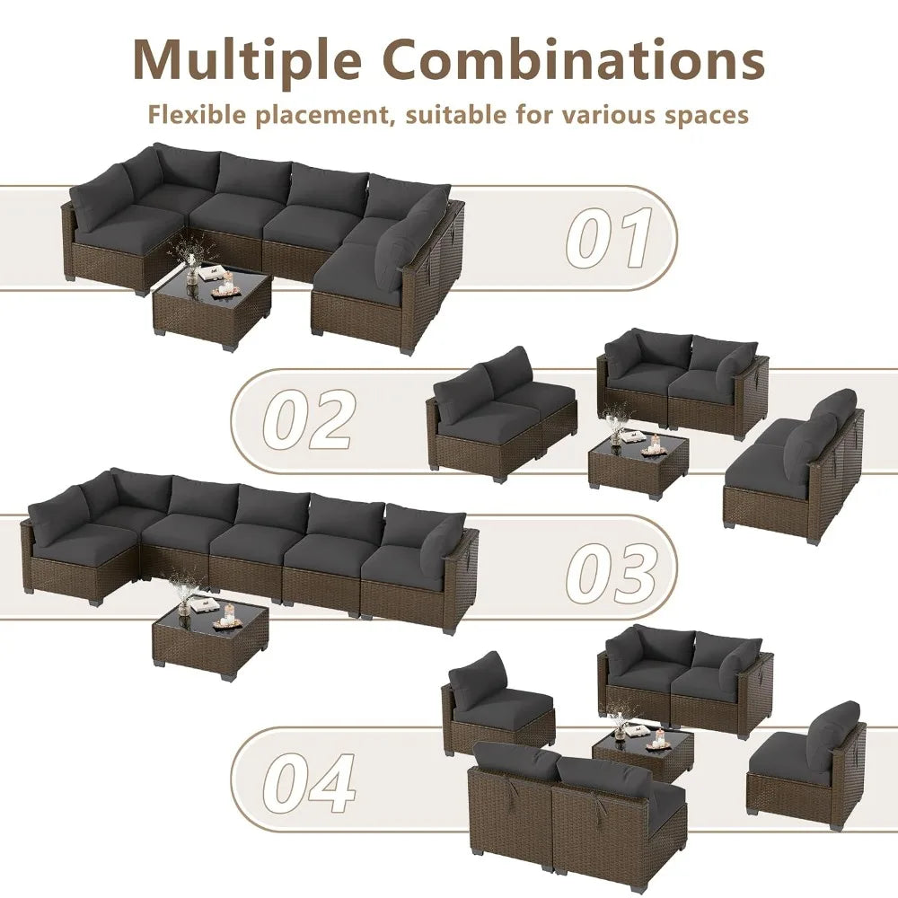 7 Piece Wicker Rattan Patio Conversation Set, Outdoor Sectional Sofa, Custom