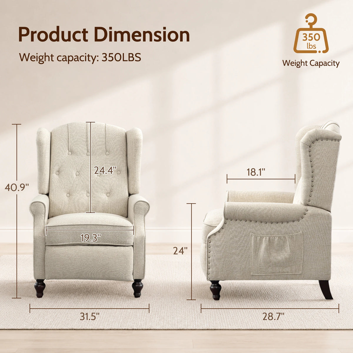 TCGBKAF Mid Century Wingback Pushback Recliner Armchair Massage & Heated Recliner Chair with Button-Tufted Back, Rivet Decoration and Solid Wood Legs for Living Room, Bedroom & Office