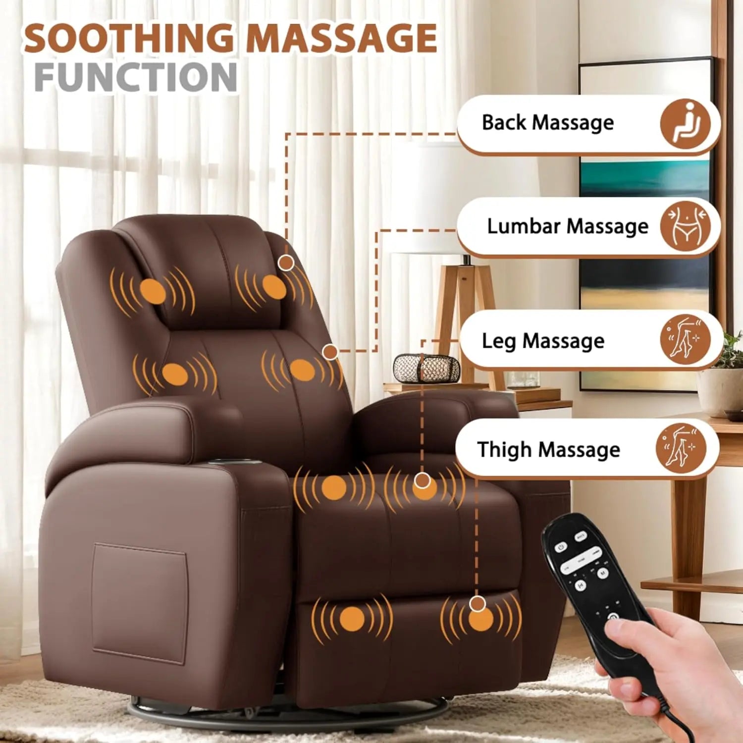 #Swivel Rocker Recliner Chair Vibration Massage 360° Ergonomic Lounge Cup Holders Leather Brown, Customized