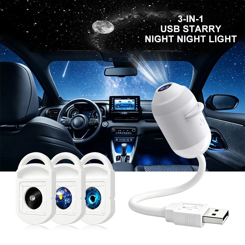 USB Starry Sky Projector Night Light 360° Bendable HD Galaxy Moon Planet Projection Lamp Plug Play Car Bedroom Projector Lamp