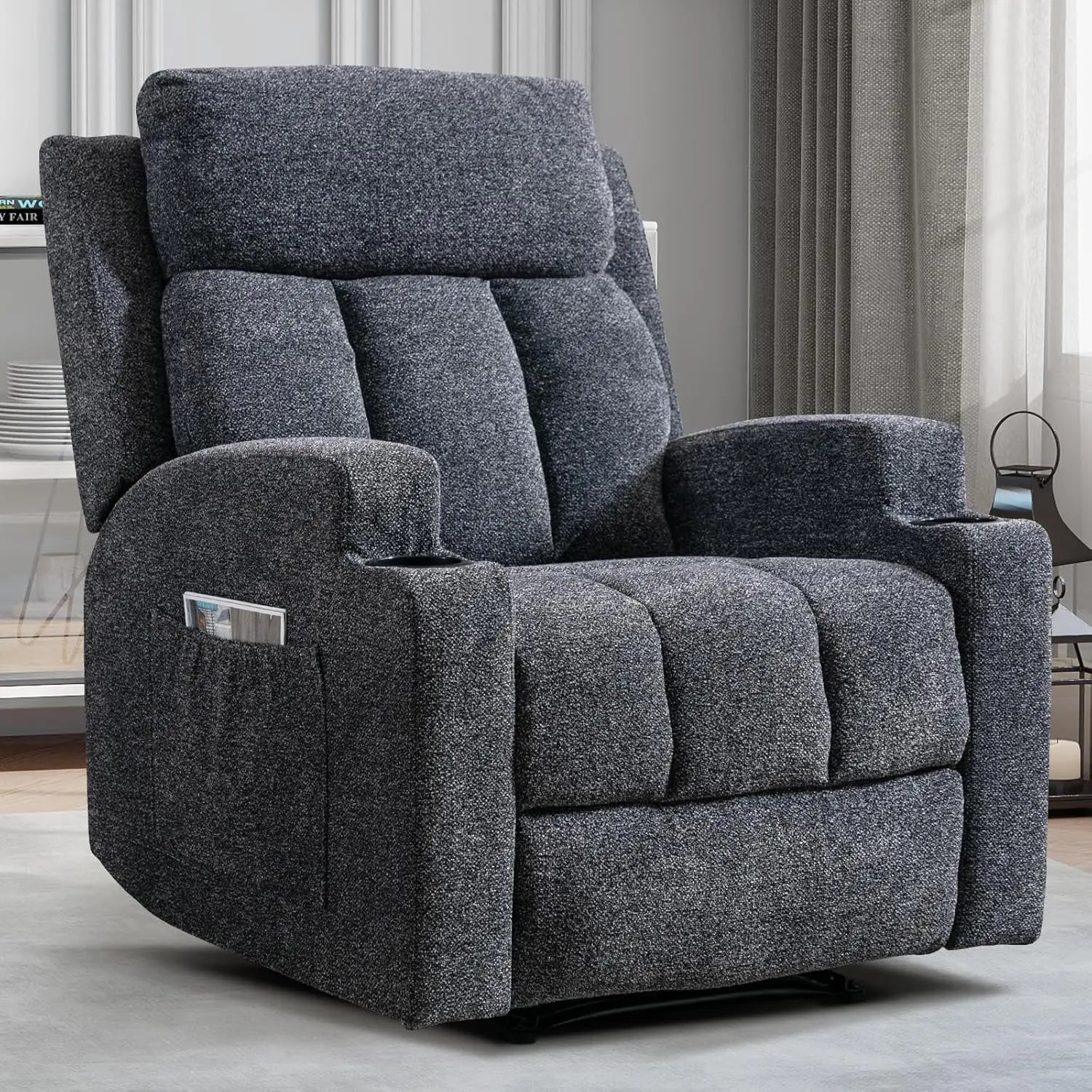 Manual Recliner Chair with Massage and Heat, Soft Fabric Recliner Chair with Overstuffed Arm and Back, Manual Reclining, Custom