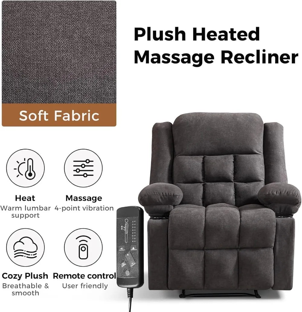Manual massage heated adult recliner, armchair with two cup holders and side pockets, living room recliner sofa, gray