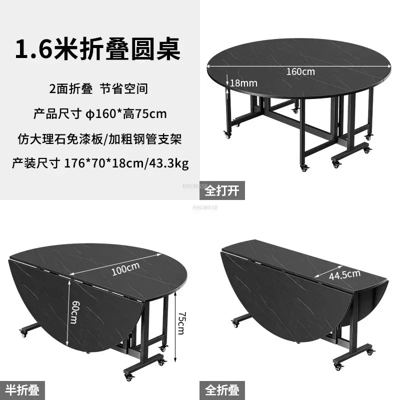 Home Folding Dining Table Set with Chairs Mobile Round Furniture Modern Kitchen Living Room Light Luxury Simple Portable