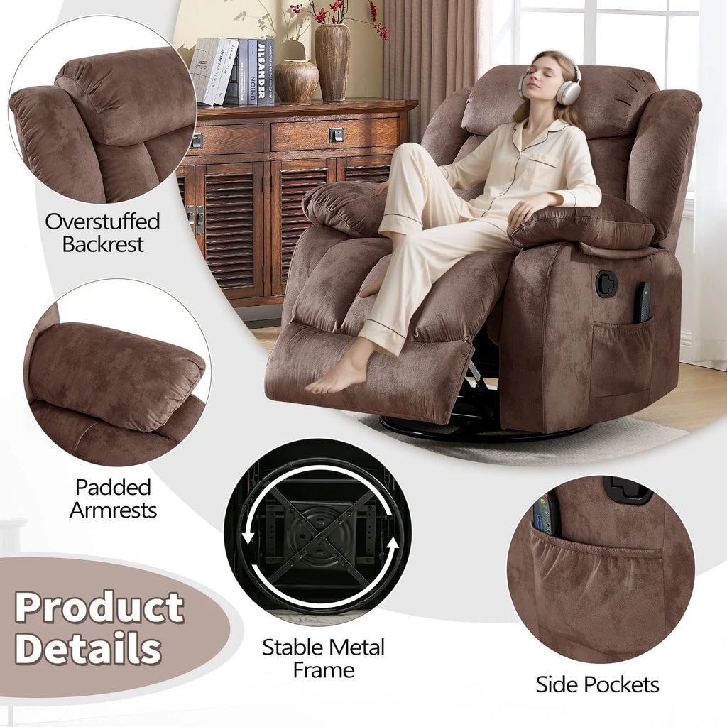Massage Rocker Recliner with Heat and Vibration, 360 Degree Swivel Manual Antiskid Fabric Single Sofa Heavy Duty Reclining Chair for Living Room