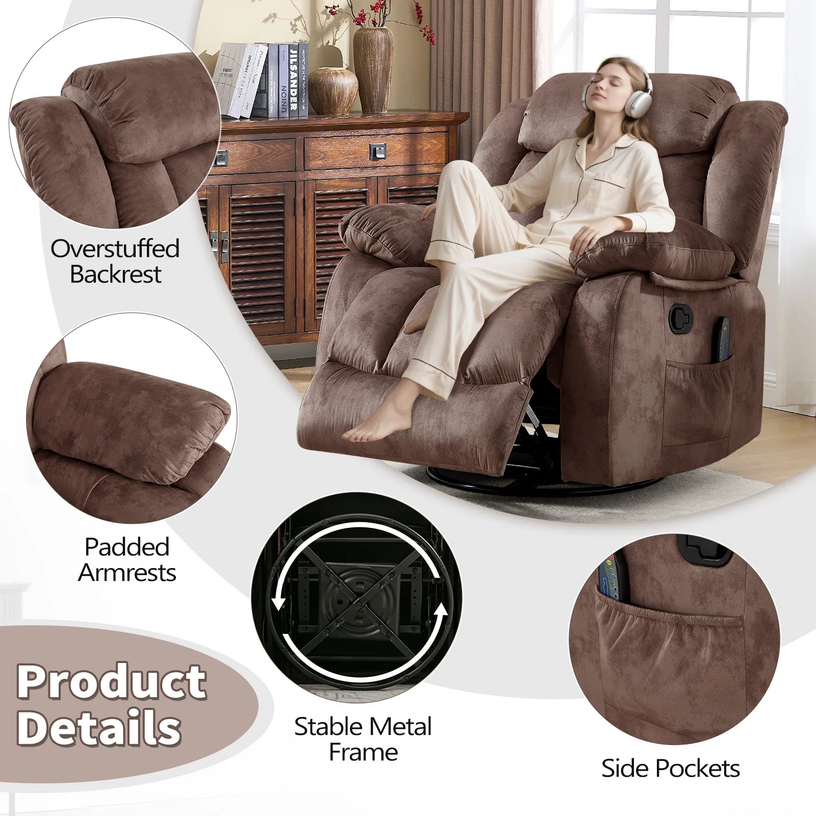 Massage Rocker Recliner with Heat and Vibration, 360 Degree Swivel Manual Antiskid Fabric Single Sofa Heavy Duty Reclining Chair for Living Room