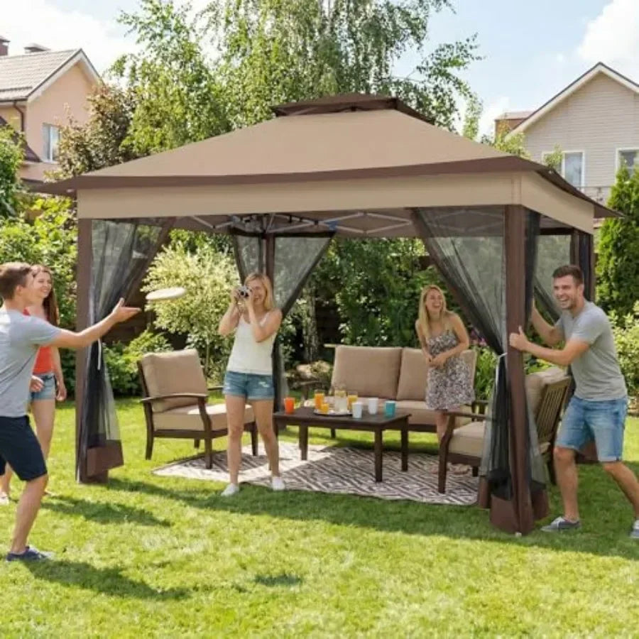 Pop Up Gazebos On Clearance - Upgrade Easy Up Metal Outdoor Gazebo Waterproof - Portable Gazebo with Mosquito Nettings, 4 Ropes
