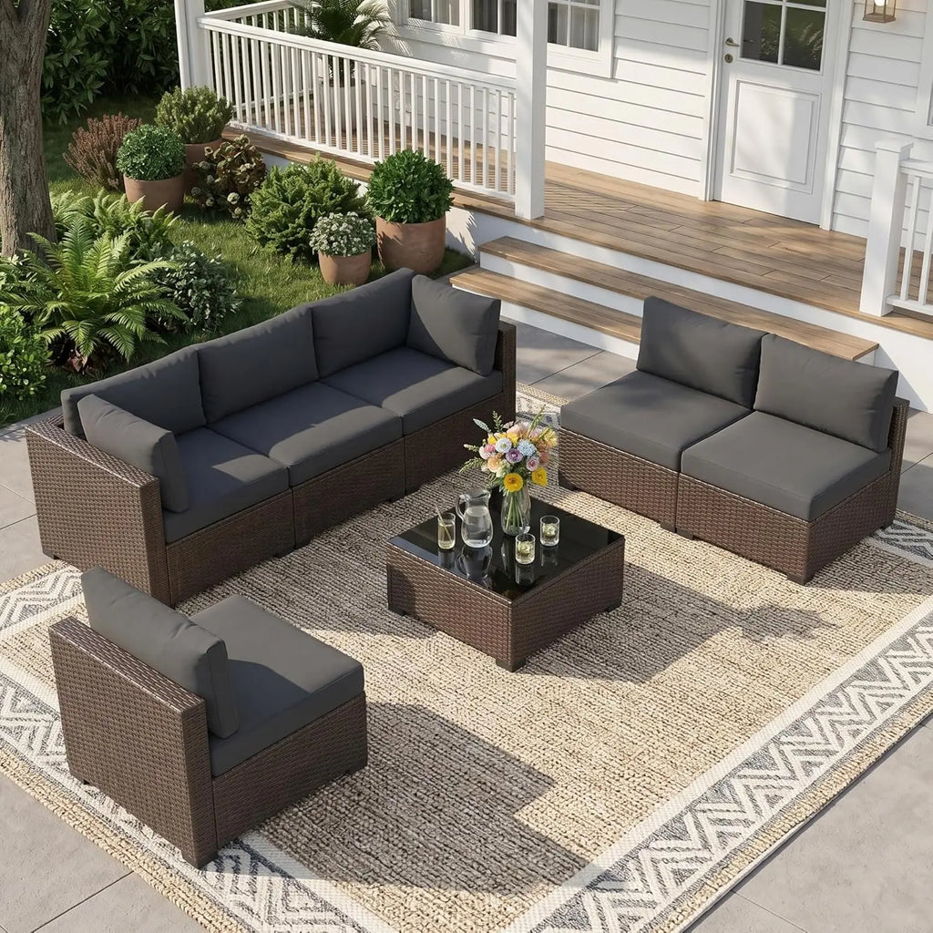 7 Piece Wicker Rattan Patio Conversation Set, Outdoor Sectional Sofa, Custom