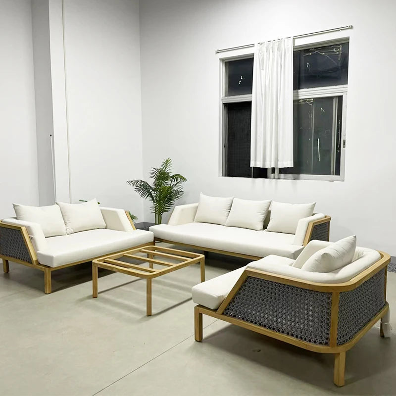 Sofa, with Waterproof UV-resistant Cushion, Outdoor Wooden Furniture, with Customized Service, for Hotel Patio Courtyard Use
