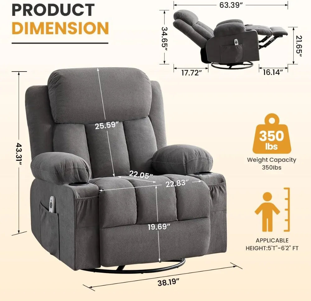 Swivel Rocker Recliner Chair Massage Heating USB Charge Side Pockets 155 Reclining 30 Rocking